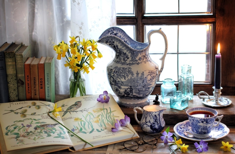 still life, art and craft, antique, flowers, day, Krokus, flower, flowering plant, floral pattern, saucer, book, publication, jar, lighting equipment, tea