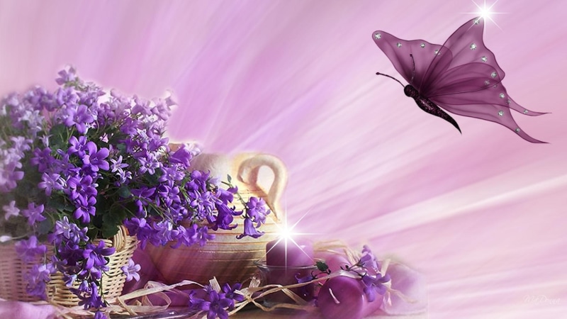 persona, summer, graphic, pitcher, 1080P, candle, candles, flowers, purple, flame, spring, butterfly, pink, abstract, violets, petaled, flower