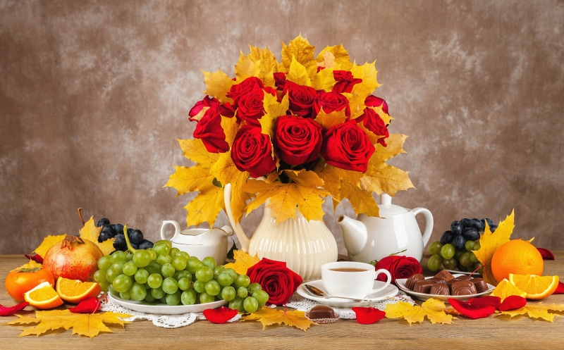 Red Flower, Grapes, Leaf, Rose, Fall, Still Life, Chocolate, Fruit, Flower, 1080P, Vase, Photography, Pitcher