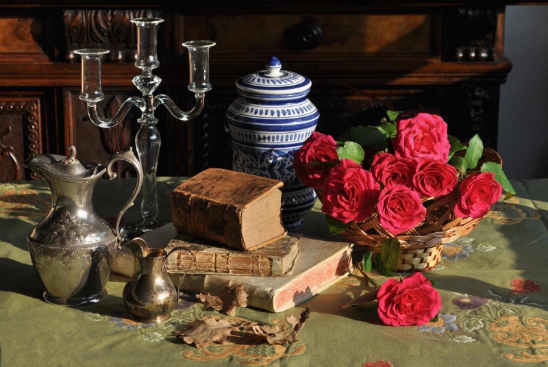 candle holder, still life, pitchers, books, flowers, 2K, style, roses