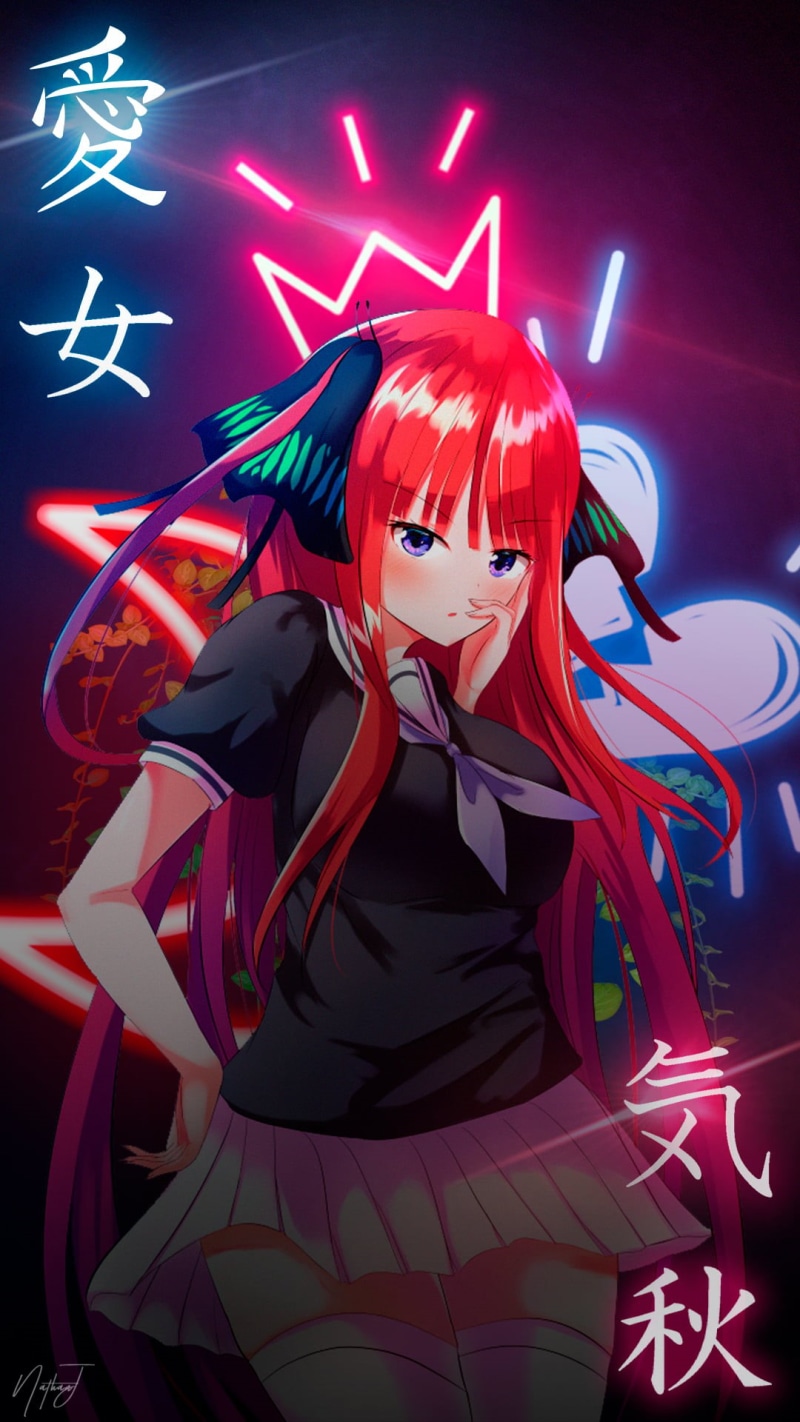 anime girls, blue, model, 5-toubun no Hanayome, kanji, readhead, studio, 1080P, anime, neon, Nakano Nino, red
