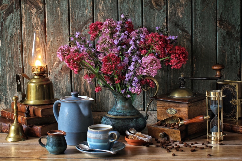 antique, freshness, beauty in nature, milk, bell, table, still life, flowering plant, fragility, vulnerability, coffee, pitcher - jug, vase, no people