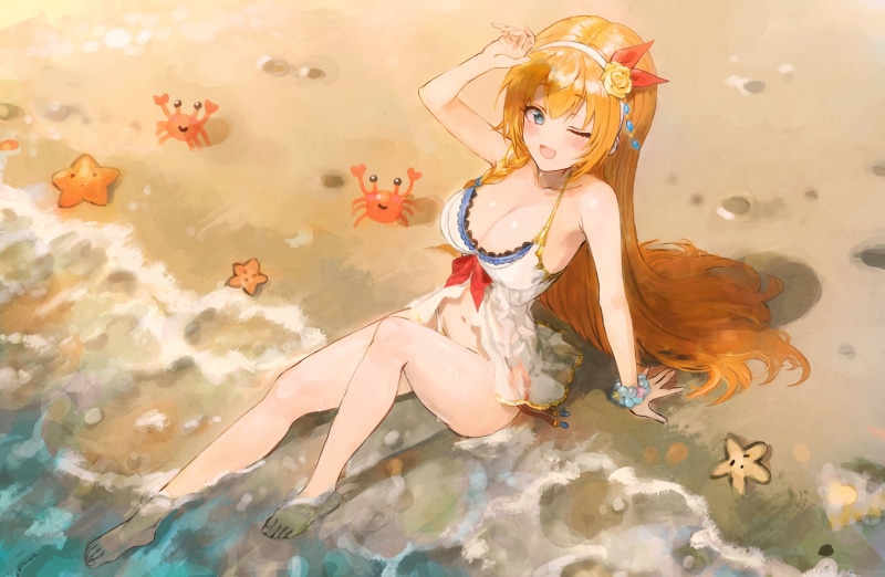 water, barefoot, 720P, blush, dress, wink, readhead, wet, cleavage, thighs, long hair, Pecorine (Princess Connect!), open mouth