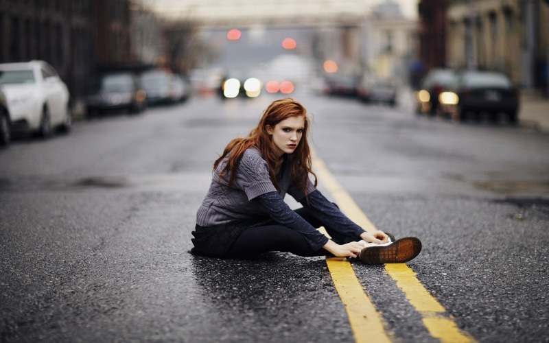 2K, women, model, long hair, road, readhead