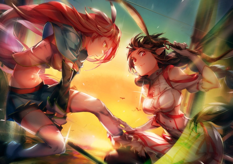 sunlight, female likeness, multi colored, indoors, anime girls, two, day, nature, knee-highs, decoration, mannequin, brunette, legs, anime, miniskirt, long hair