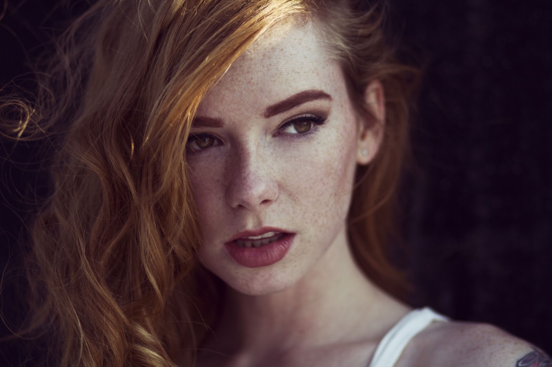 5K, redhead, model, red lipstick, readhead, solo, Hattie Watson, long hair, portrait, open mouth, brown eyes, freckles, women, face, looking away, hazel