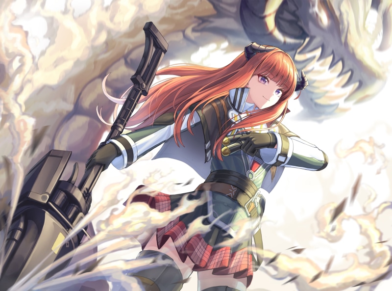 gloves, long hair, horns, thighs, weapon, readhead, 5K, purple eyes, Bagpipe(Arknights)