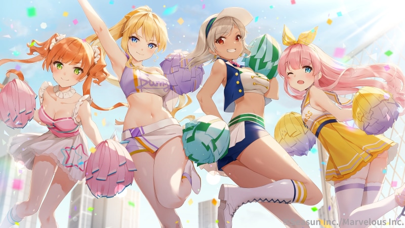 1080P, short hair, stockings, blonde, skirt, long hair, wink, belly, pink hair, girl cafe gun, shorts, headband, juno emmons, rococo (girl cafe gun), cheerleaders