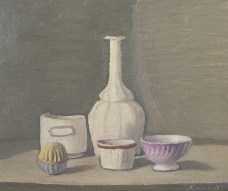 choice, variation, indoors, group of objects, table, food, close-up, jars, kitchen utensil, still life, Giorgio Morandi, plant, food and drink, classic art