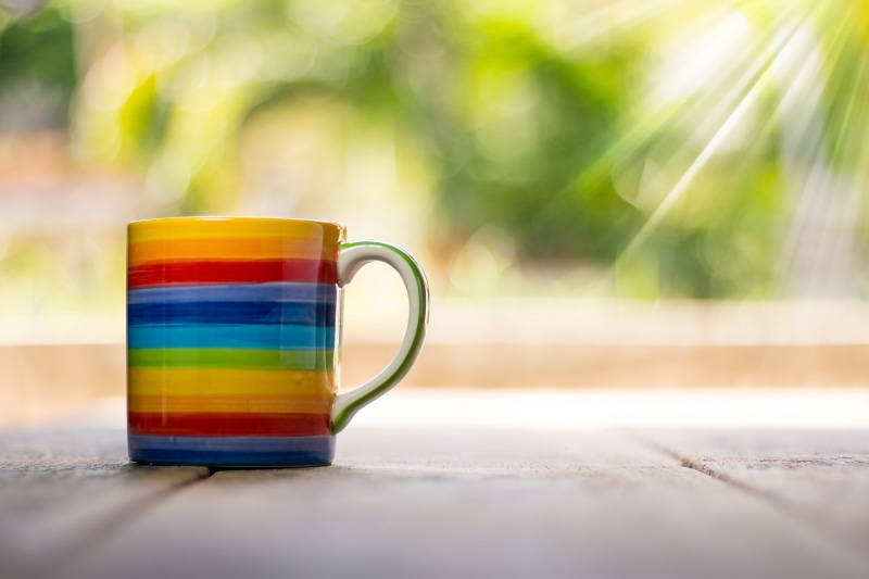 fresh, multi colored, coffee cup, water, light, food, refreshment, coffee - drink, one, cup, empty, outdoors, top, pitcher - jug, print, selective focus