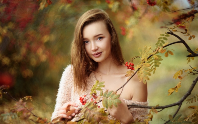 smiling, portrait, Vladislav Opletaev, fall, women, women outdoors, bare shoulders, model, blonde, 1080P