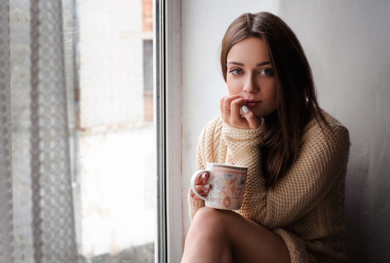 window, portrait, tanned, cup, face, brunette, 1080P, Vladislav Opletaev, sweater, blue eyes, women