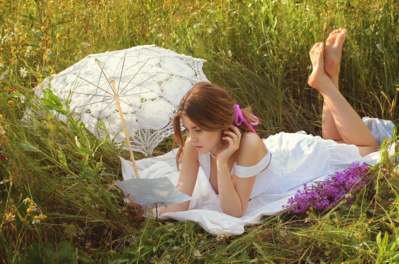 legs up, barefoot, umbrella, 1080P, grass, Vladislav Opletaev, women outdoors, nature