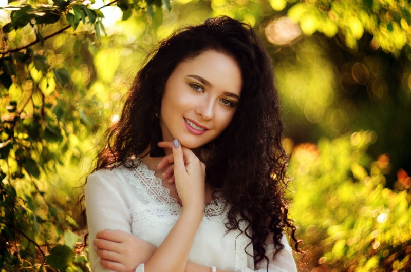 brunette, look, Valeria, nature, makeup, posing, hairstyle, beauty, greens, glare, dress, smile, Vladislav Opletaev, model, leaves, portrait, in white