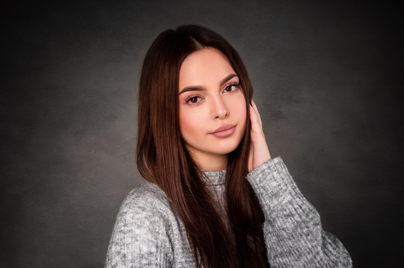 face, model, women indoors, brown eyes, simple background, 1080P, brunette, Vladislav Opletaev, portrait, coats, women
