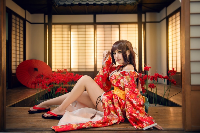 room, light, shoulders, red, look, the room, floor, hip, flip flops, feet, Asian, sexy, brunette, style, bangs, image, cosplay, pose, interior, girl, sitting