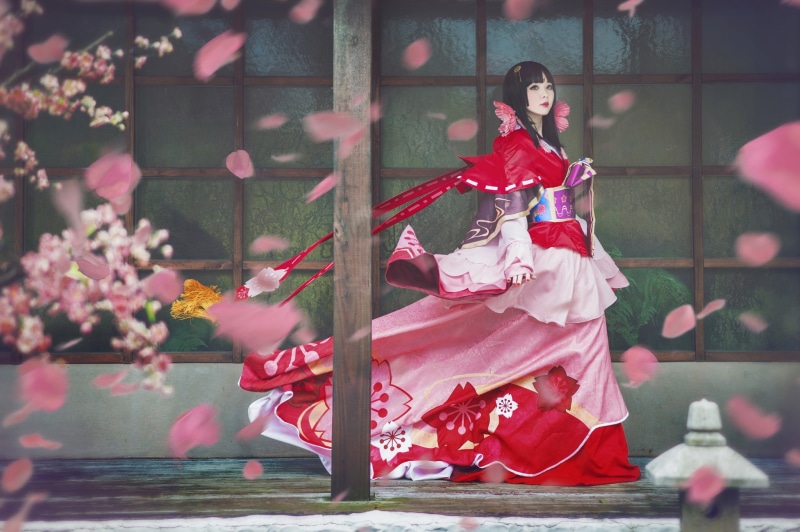 petals, girl, flowering, post, spring, 1080P, Sakura, red, makeup, walk, street, glass, pose, the wind, cosplay, Asian, brunette, bangs, dress, look, flowers