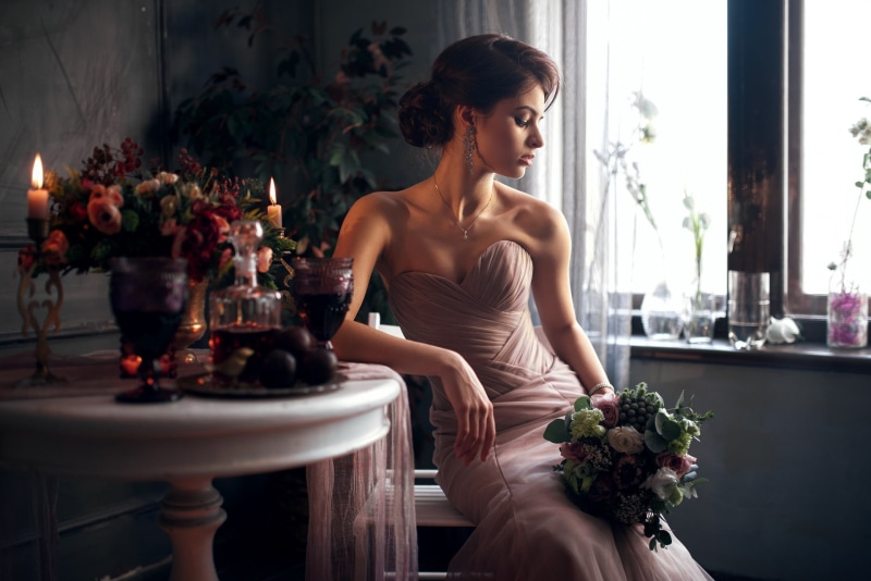 model, front view, lips, hairstyle, flowering plant, beauty, clothing, bouquet, brunette, girl, indoors, strapless, Kristina Zolotareva, nice, face, indoor