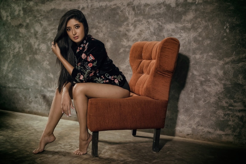 hot, lips, makeup, armchair, contemplation, Nidhi Kushalappa, young women, chair, face, sexy, brunette, cute, adult, beauty, sitting, hair, Nidhi, furniture