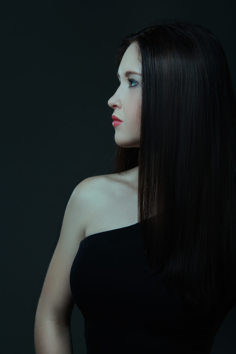 attractive, contemplation, luxury, makeup, beautiful, teenager, lady, fashion, beauty, eyes, looking, lips, glamour, style, posture, dark, indoors, woman