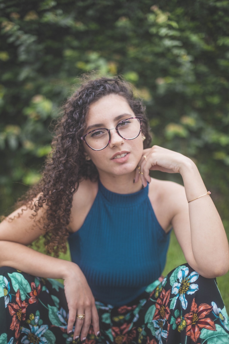 hands, eyeglasses, young woman, looking, portrait, beautiful, hairstyle, black, hand, facial expression, glasses, blond hair, young, girl, blurred background