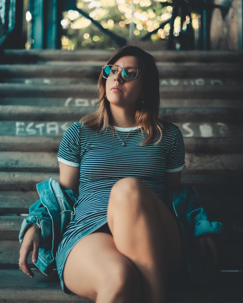 style, fashion, glasses, pretty, hair, beautiful, eyewear, person, lady, outdoors, casual clothing, one person, beauty, face, stairs, young woman, three quarter length