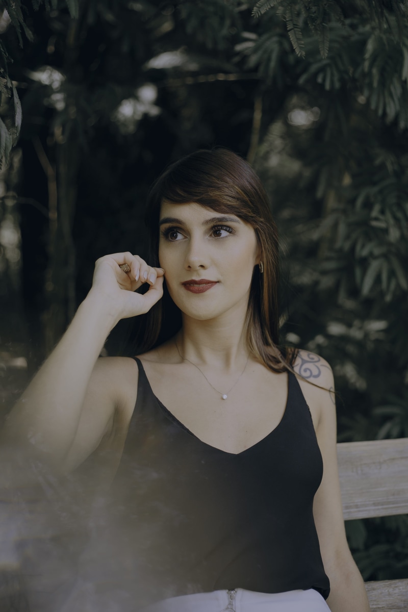 lady, fashionable, waist up, bench, female, selective, blurred background, facial expression, women, posing, fashion, hair, pose, human, looking, close-up