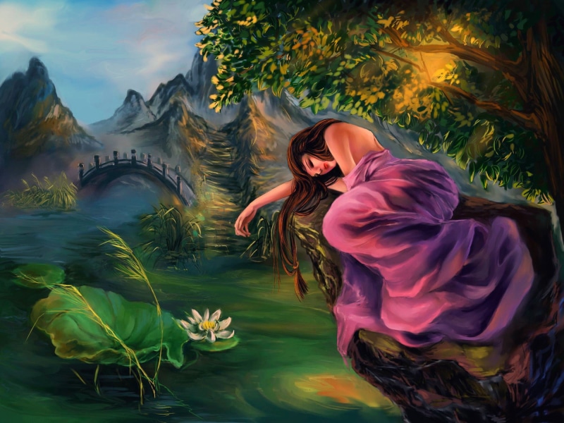 tree, females, water, lifestyles, lying, Lily, girl, rocks, smiling, outdoors, art, river, women, rikamello, young adult, one person, fabric, stone, near