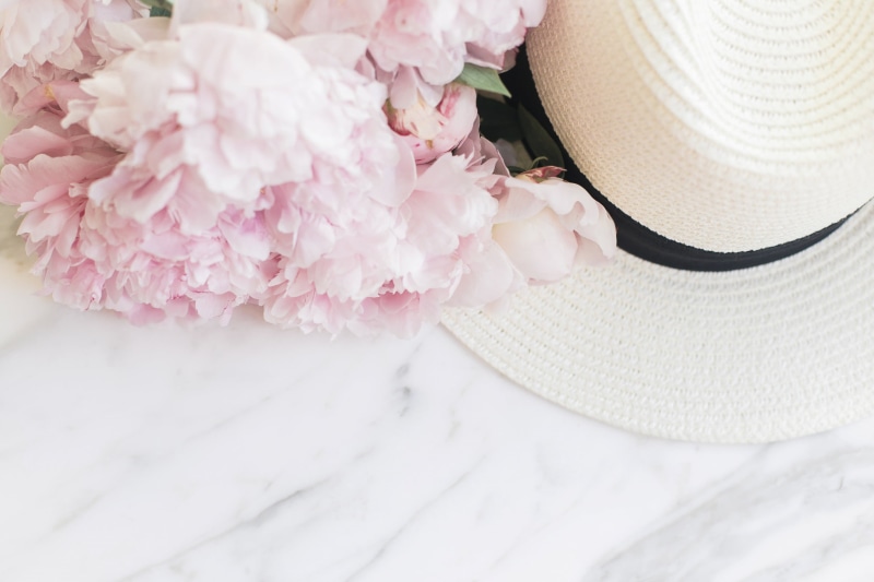 hat, 1080P, bouquet, marble, peonies, tender, flowers, pink