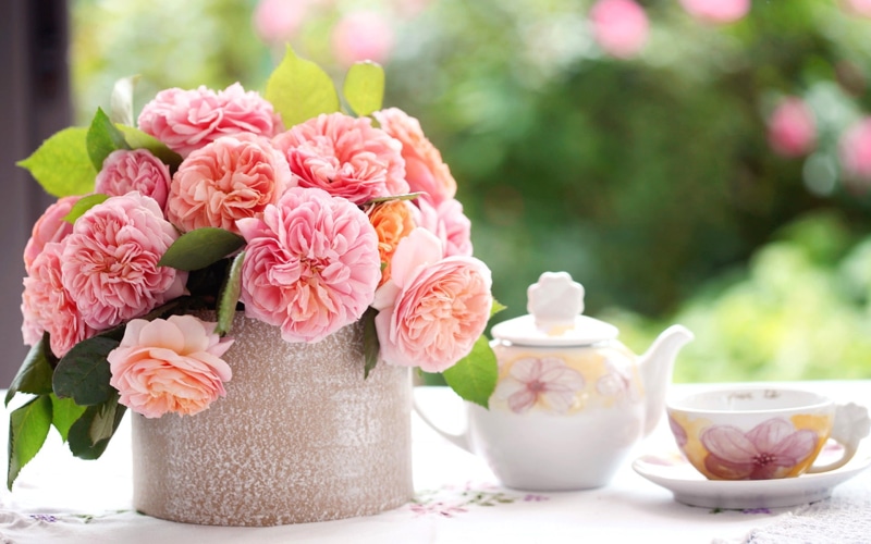 Table, Cup, Blurring, Flowers, 1080P, Rose, Pink, Tea