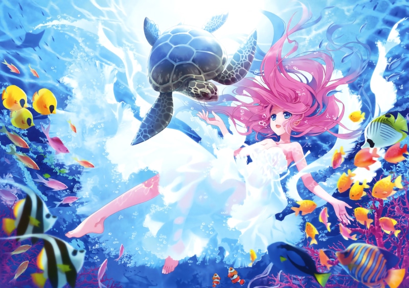 Mermaid, Underwater, 2K, Fishes, Turtle, Kawaii