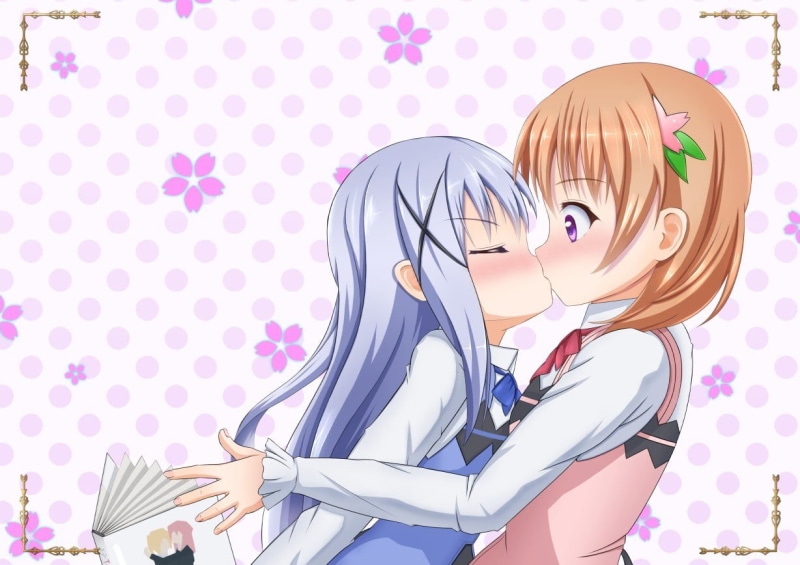 females, headshot, Kafuu Chino, blond Hair, young women, Gochuumon wa Usagi Desu ka?, smiling, pink color, loli, teenage Girls, real people, illustration