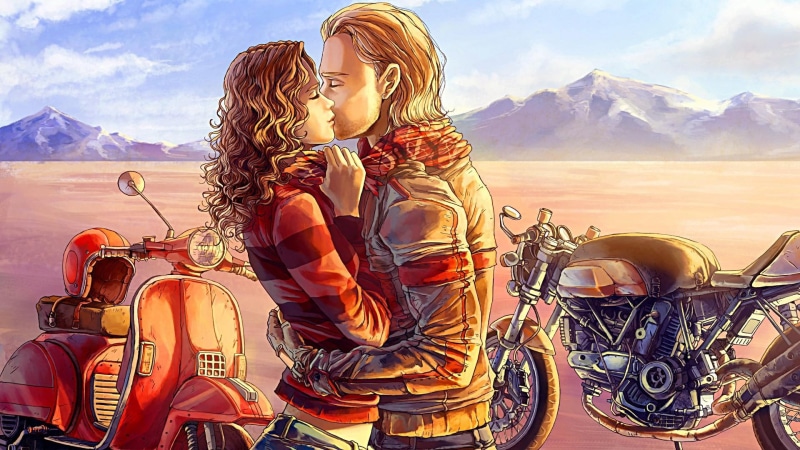 kiss, motorcycles, love, couple, romance, 1080P, art, biker