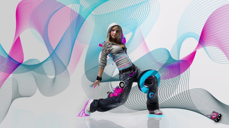 casual clothing, dancing, women, pink color, leisure activity, lifestyles, one person, emotion, fashion, young adult, smiling, looking at camera, digital art