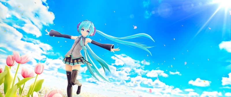 carefree, excitement, enjoyment, 2K, men, males, blue hair, Hatsune Miku, one person, flower, sky, blue, flowers, futuristic, childhood, full length, clouds