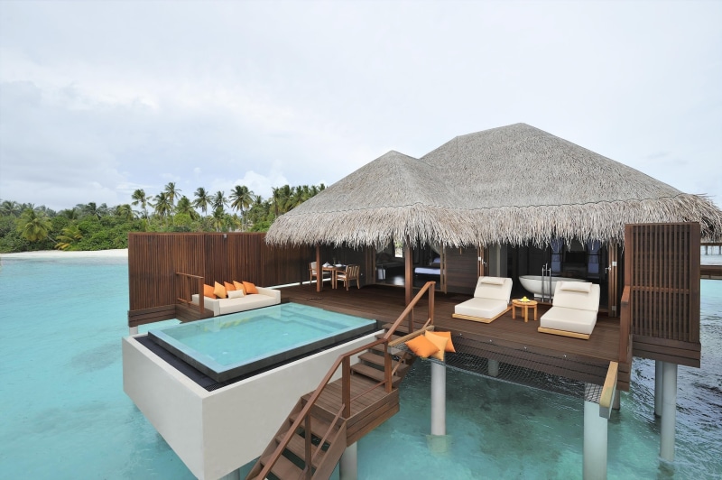 outdoors, brown, no People, travel, cushions, hotel, tourism, jacuzzi, scenics, maldives, umbrella, holiday Villa, water, tranquil Scene, day, hut, thatched roof