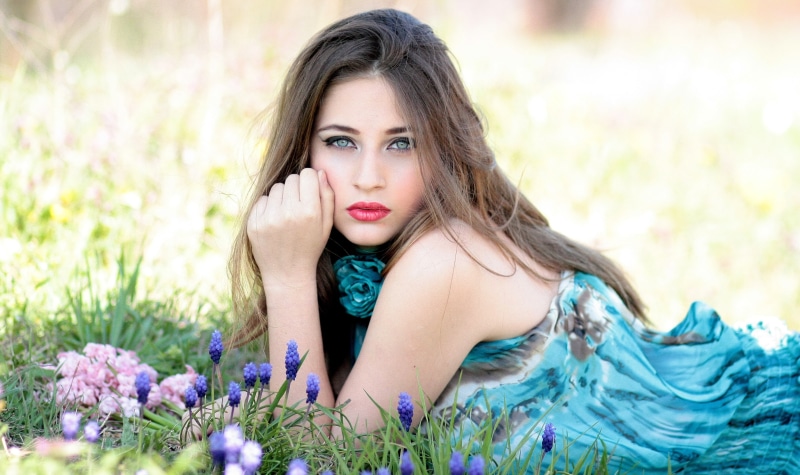 people, flower, teal, outdoors, dress, females, 4K, young Adult, green, nature, girl, long hair, spring, contemplation, beautiful woman, daytime, one Person