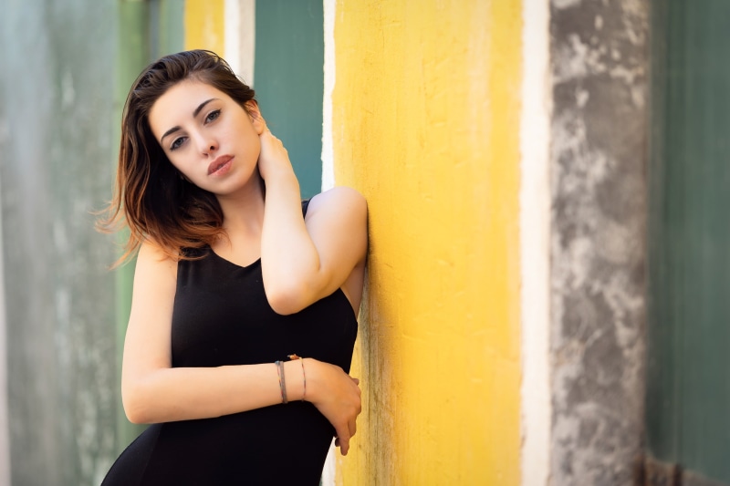 women, Luigi Malanetto, black dress, Serena Nemera, looking at viewer, dress, women outdoors, 2K, model, brunette
