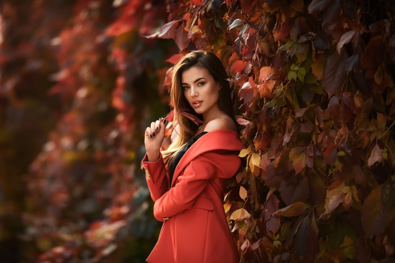 Ksenia, 1080P, women, depth of field, leaves, red coat, women outdoors, brunette, model, Luigi Malanetto, Anastasia Barmina, plants, fall