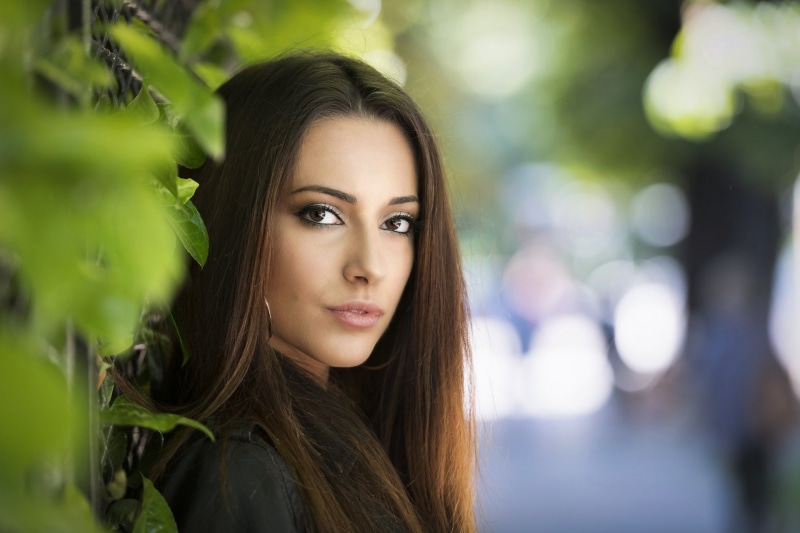 brown eyes, open mouth, pink lipstick, leather jackets, brunette, long hair, hoop earrings, looking at viewer, 1080P, women, Luigi Malanetto, straight