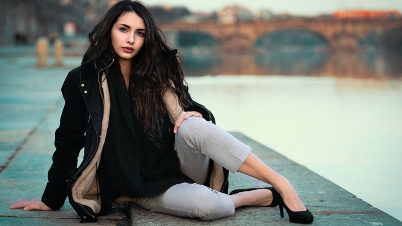 bridge, urban, Nicole (model), depth of field, Long Blackhair, river, black jackets, black heels, model, black hair, 1080P, high heels, women, brown eyes