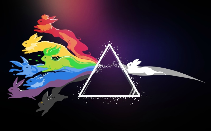 studio shot, abstract, paint, multi colored, motion, no people, indoors, art and craft, creativity, anime triangle rainbows pokmon eevee flareon jolteon leafeon glaceon vaporeon espeon umbreon pink floyd