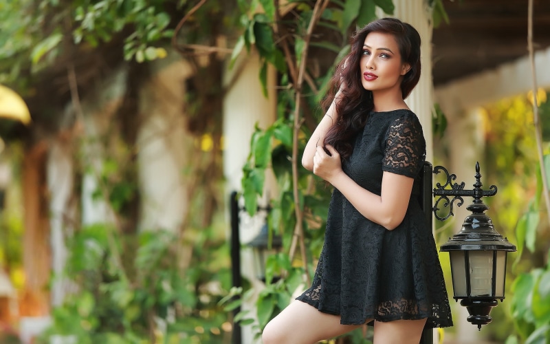 Swathi Muppala, front view, young women, one person, outdoors, actress, leisure activity, black dress, eyes, lifestyles, Indian, black clothing, young adult