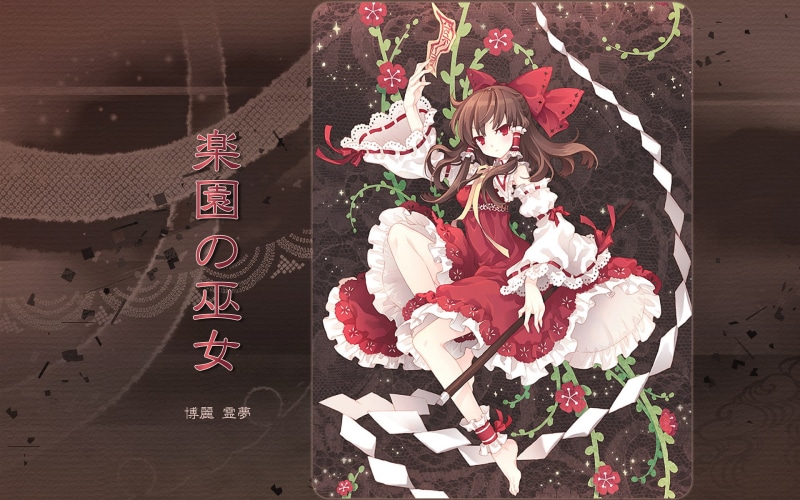 ribbons, ofuda, video, miko, sleeves, games, bows, staff, touhou, hair, text, anklets, hakurei, anime, bare, gohei, girls, ornaments, wide, bangs, red