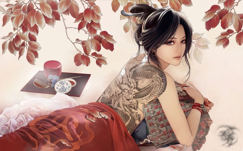 looking back, artwork, women, Zhang Xiao Bai, Asian, 1080P, purple eyes, tattoo, fantasy girl