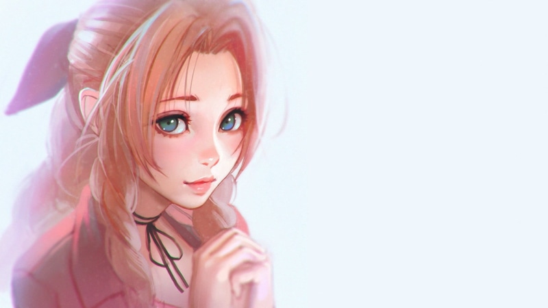 hairstyle, copy space, Ilya Kuvshinov, indoors, beautiful woman, looking at camera, Aerith Gainsborough, headshot, drawing, funky, human body part, adult