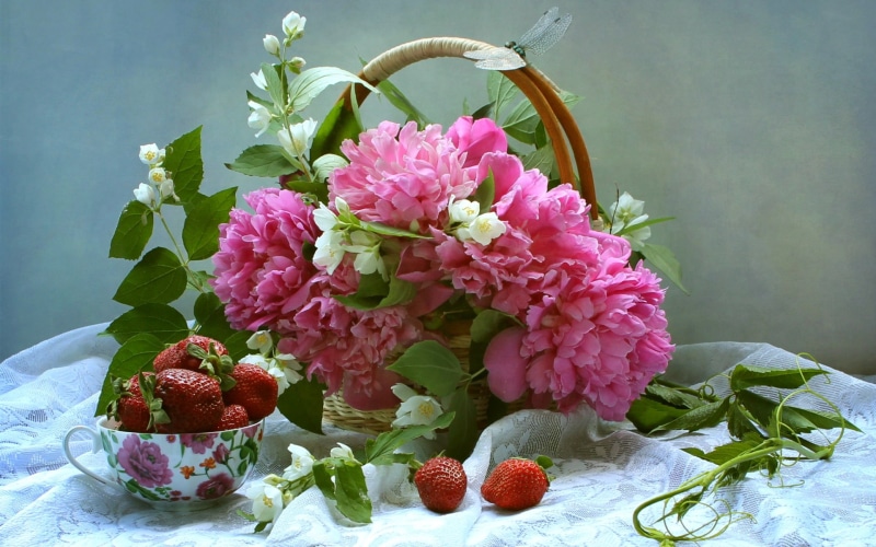 Peonies, Basket, 1080P, White, Jasmine, Pink, Strawberry