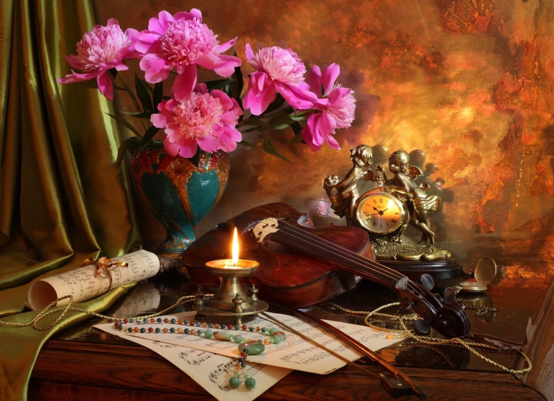 1080P, notes, bouquet, watch, peonies, still life, violin, candle, beads