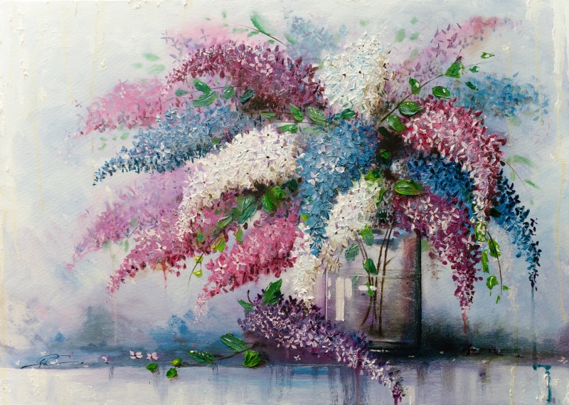 paintings, water, no People, season, flowers, outdoors, green, lilac, leaf, creativity, 4K, lake, red, multi Colored, white, flowering plant, growth, architecture