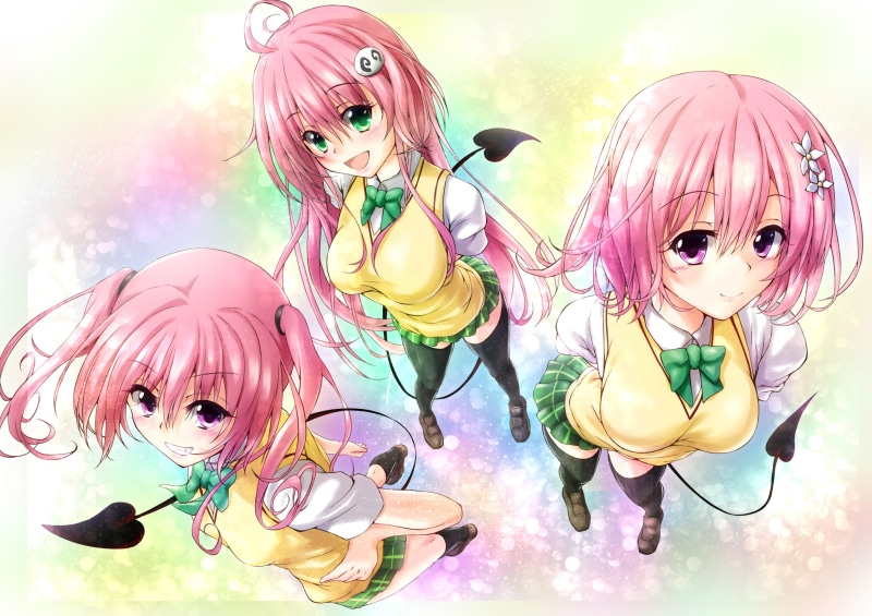 nyu, asahi, ryouiki, to love ru, purple, green, deviluke, 2K, asta, pink, tail, seifuku, hair, love, velia, nana, momo, zettai, eyes